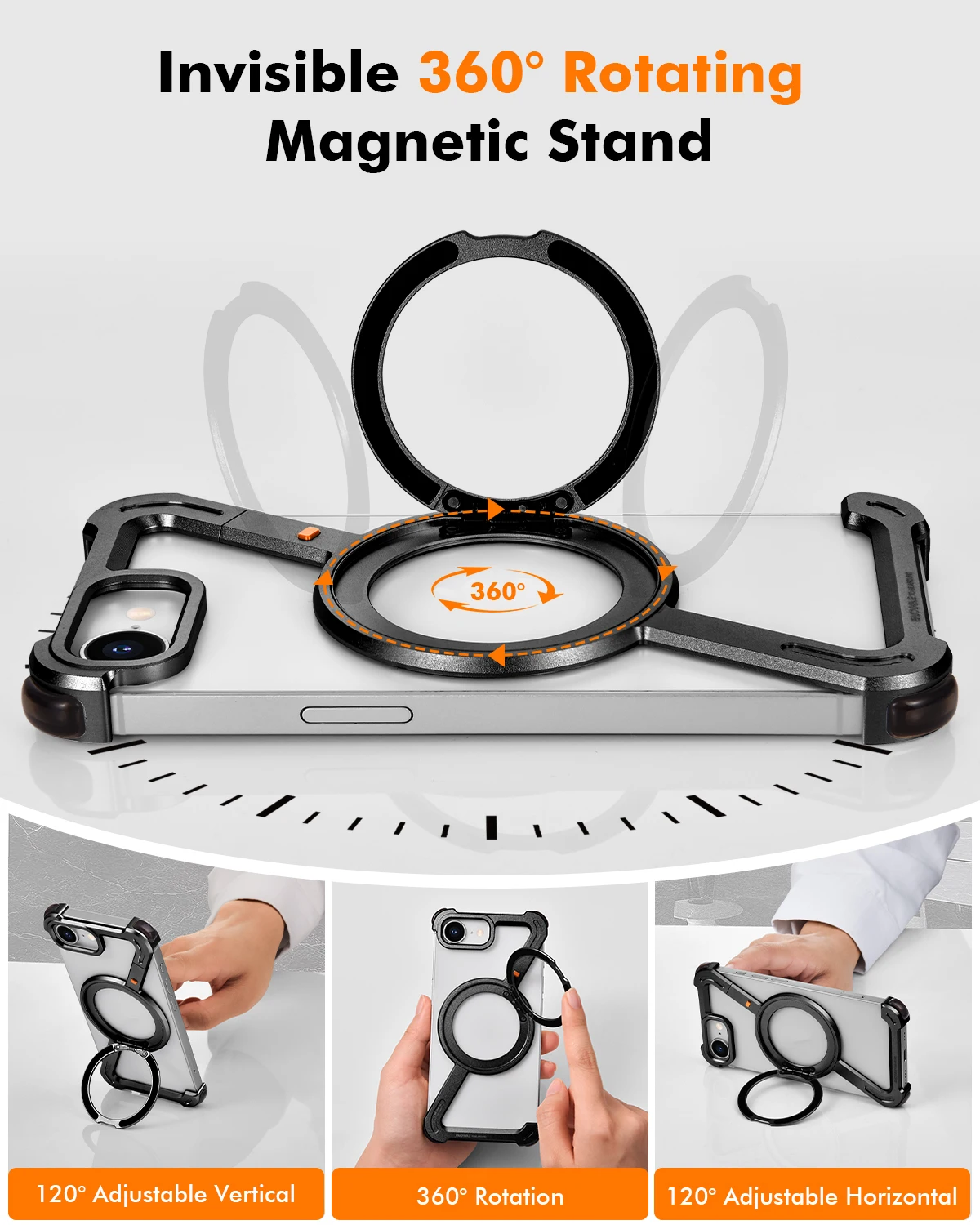 Eary Z Shape Phone Case For Iphone 16 E With 360 Rotating Adjustable Magnetic Ring Stand Frameless Shockproof Protector Shells