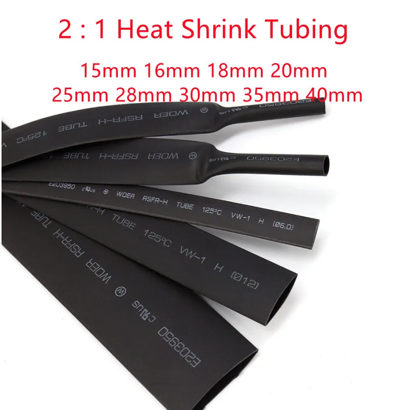 1M Diameter 15/16/18/20/25/28/30/35/40mm Heat Shrink Tubing 2:1 Ratio Wire Wrap Insulated Lined Cable Sleeve Black