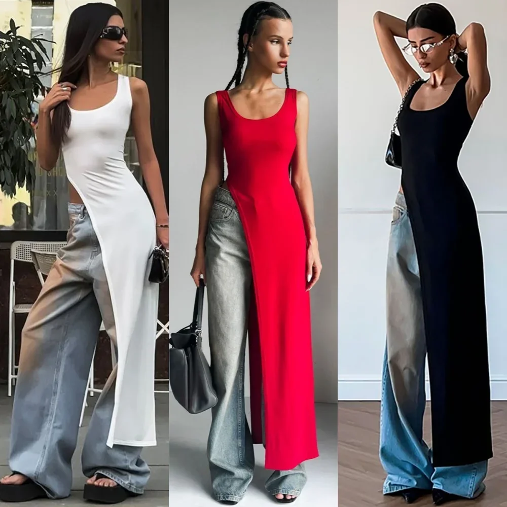 

2025 сексуальное платье без рукавов с высоким разрезом по бокам, однотонное женское платье миди с открытой спиной, летняя уличная одежда для вечеринок и клубов Y2K