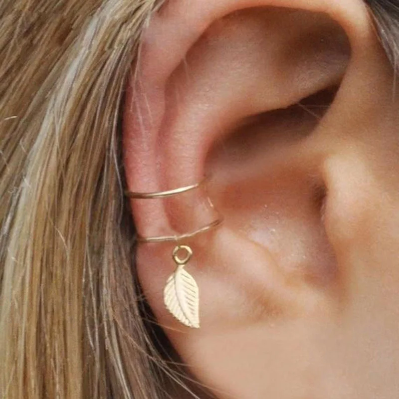 Cross-Border Creative Minimalist Non-Pierced Ear Cuff 5-Piece Set, Personalized Gold Leaf Hollow Multi-Layered Earrings, C-Shaped Ear Clips