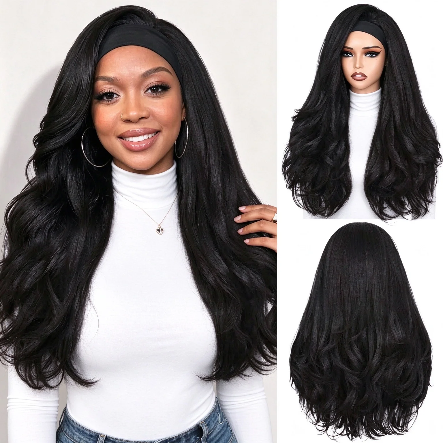 26 Inch Yaki Wavy Headband Wigs for Black Women Wear and Go Kinky Straight Headband Wig with Layered Blowout Texture Synthetic