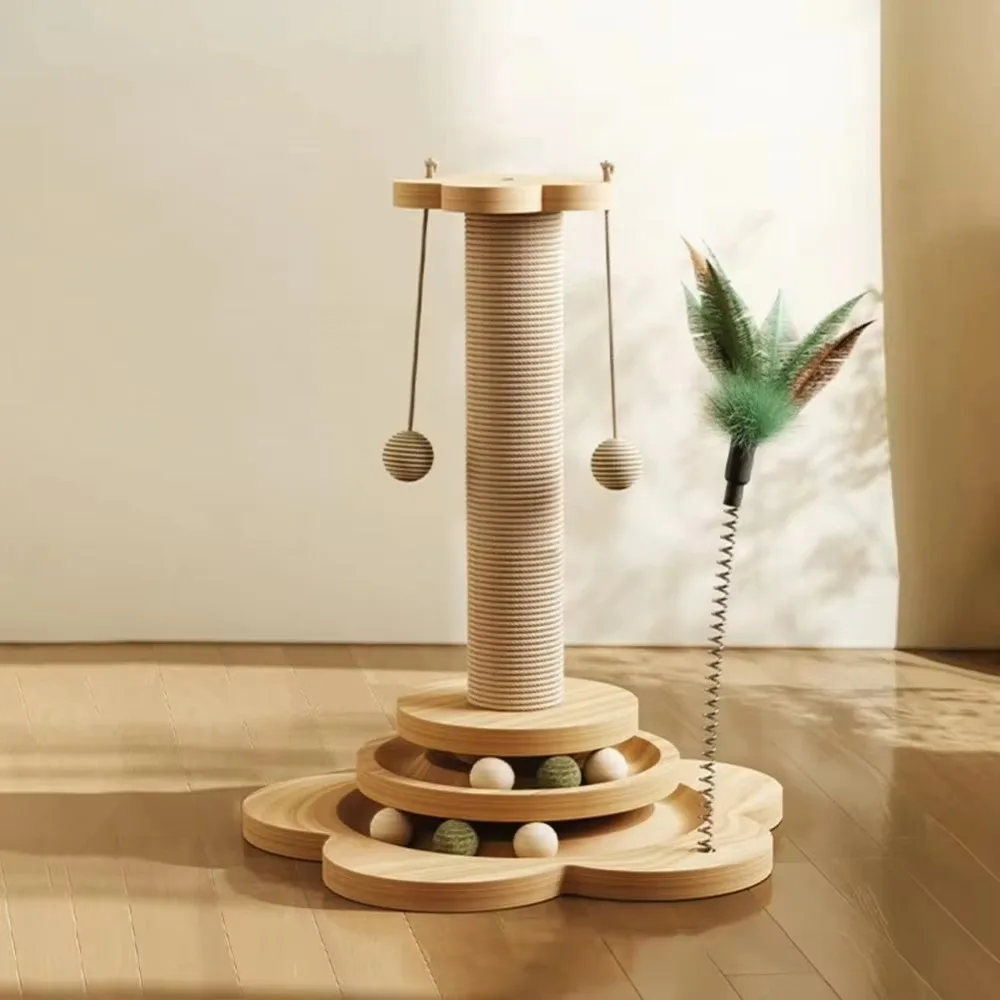 Pet Cats Toy Solid Wood 4-In-1 Swivel Scratching Post Cats Turntable Pets Teasing Stick Sisal Scratching Board Pussy Supplies