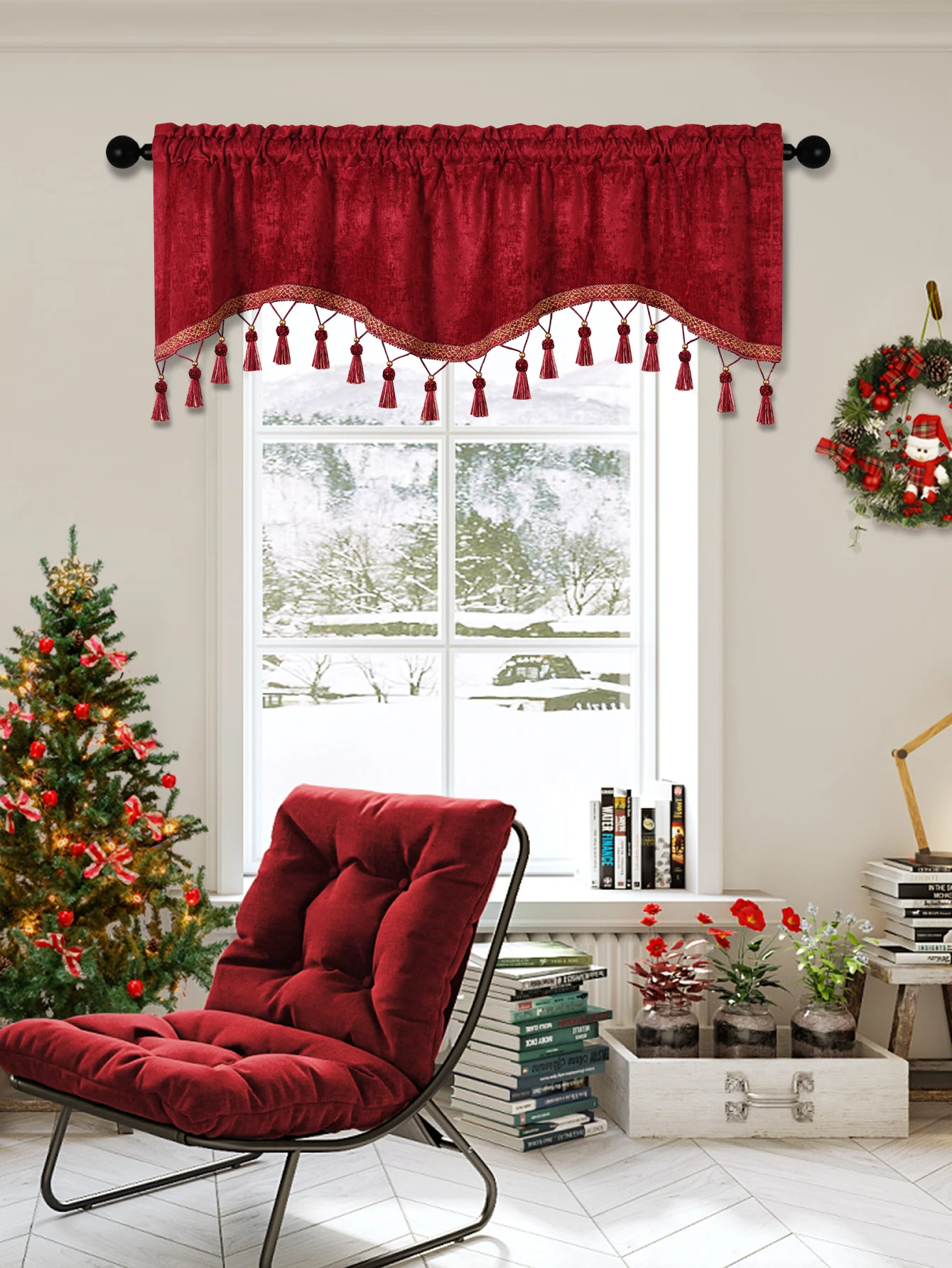 1PC Simple European Style Window Curtain Valance for Living Room，Rod Pocket，S-shaped  Valance with Tassels for Window Decor