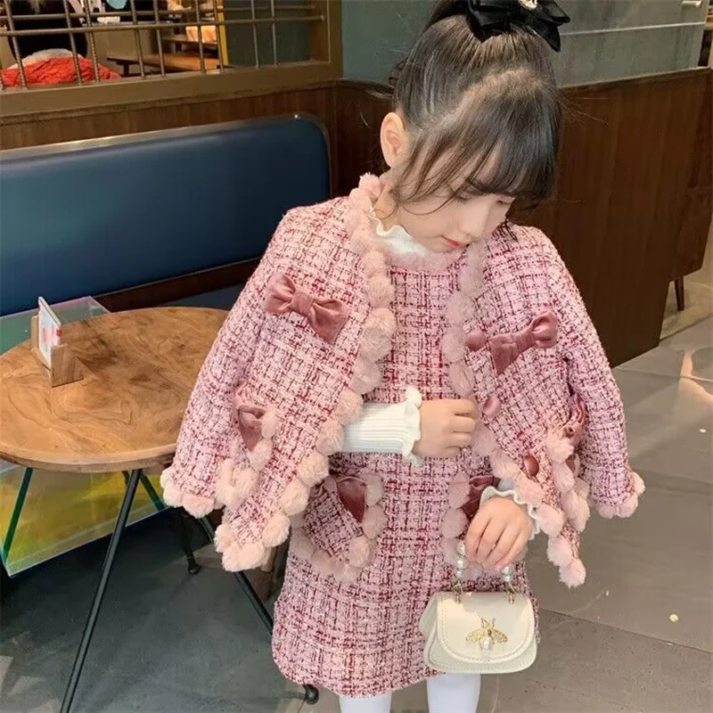 Sweet Velvet Bowknot Princess Tweed Suit Xmas Little Girls Pink Dress with Coat High Quality Children Birthday Outfits 1-8Years