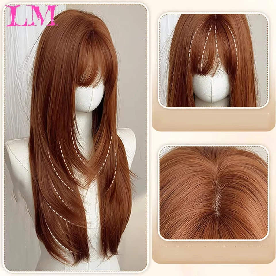 LM Synthetic Wigs Fashion Women Orange Air Bangs Big Synthetic Waves Orange Long Straight Hair Daily Party Use Full Head Cover