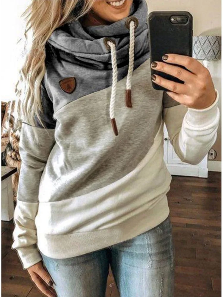 Autumn Winter New Women's Casual Fashionable Color Blocking Splicing Hooded Fleece Pile Collar Casual Loose Comfortable Hoodie