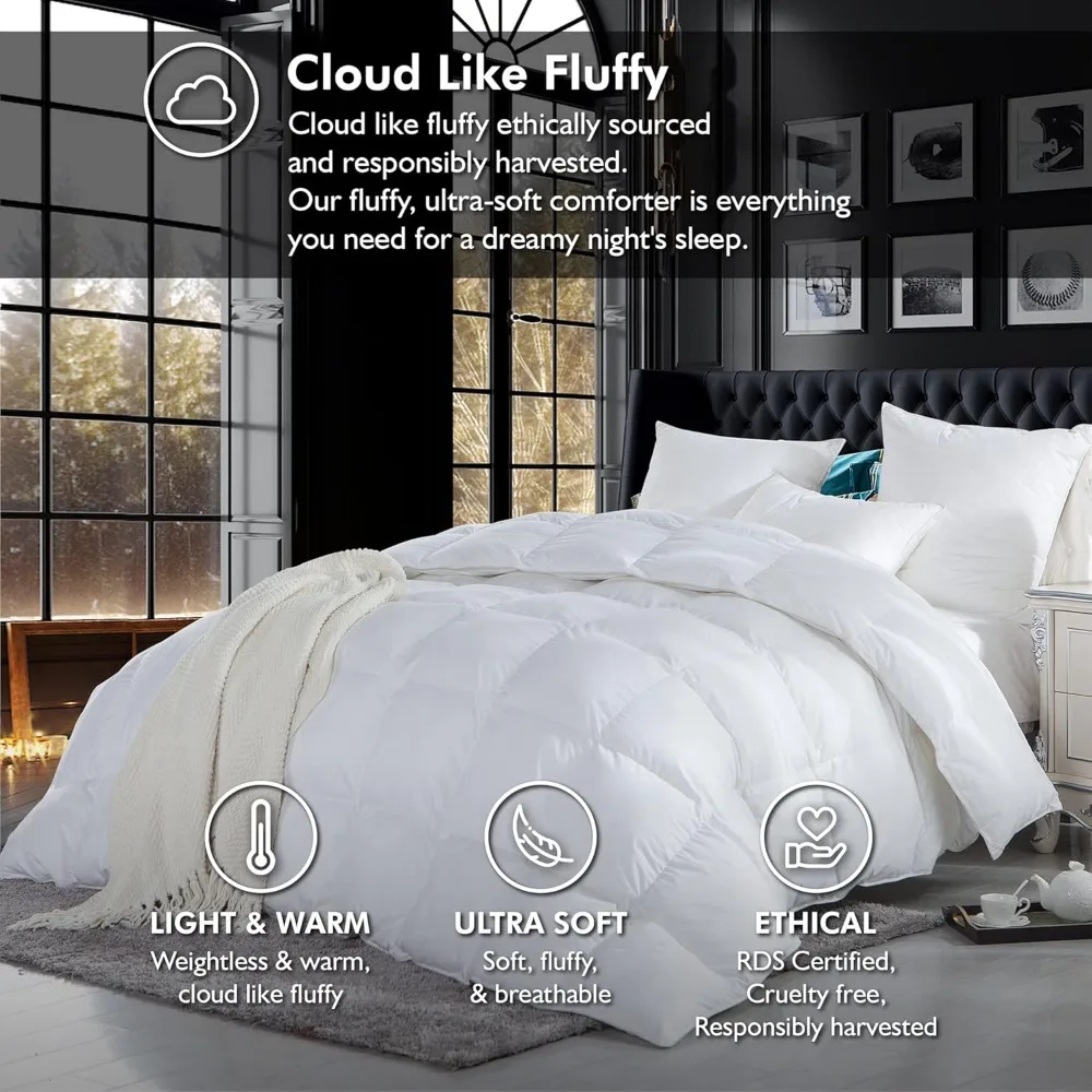 Luxurious Full/Queen Size Goose Down Fiber Waterfowl Feather Fiber Comforter Duvet Insert, Ultra-Soft 100% Cotton Cover, 60 oz