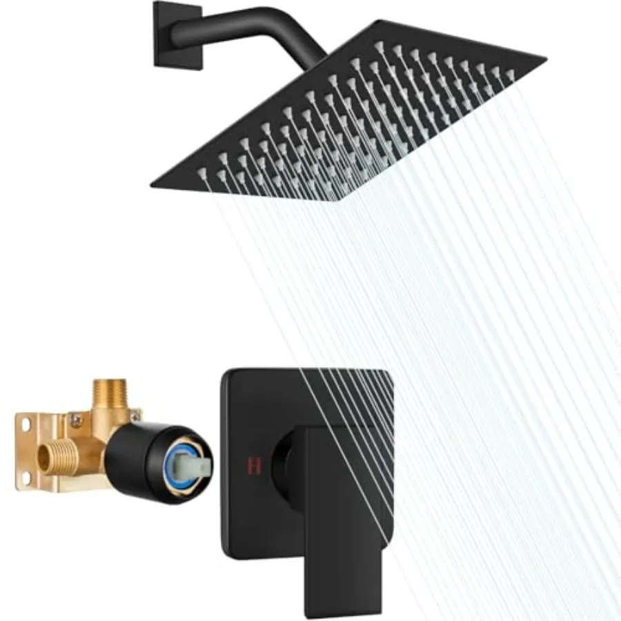 

8 Inch Shower Head and Handle Set Square Shower Faucet Set Bathroom Rainfall Shower Faucet Set Stainless Steel Showerhead Singl