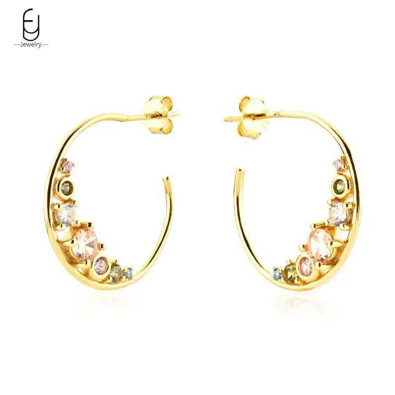 

925 Sterling Silver Ear Needle C-shaped Piercing Earrings for Women Luxury Colorful Zircon Stud Earrings Fashion Jewelry