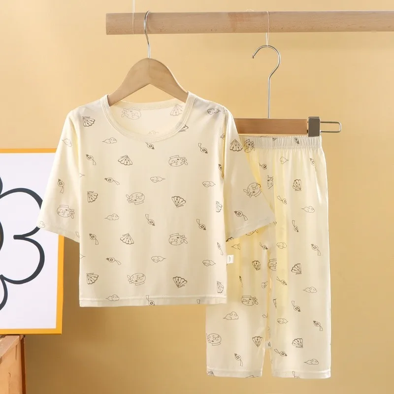 A-class Simple Children's Home Clothing Set Soft Treatment Summer Cartoon Moisture Wicking Baby Air Conditioning Clothing