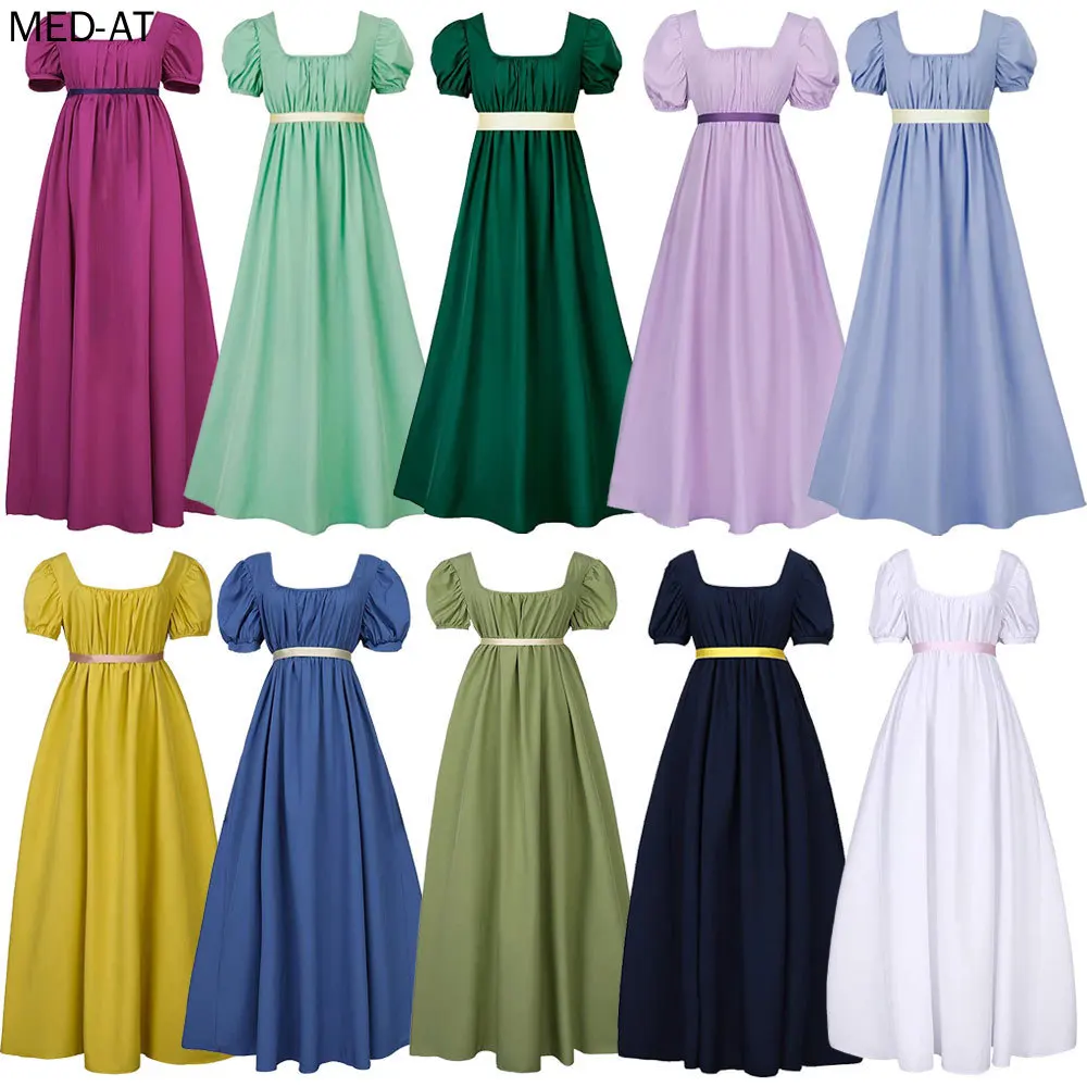 Regency Dresses for Women with Satin Sash Ruffled Puff Sleeve Empire Waist Dress Gown Jane Austen Cosplay Costume XS-3XL