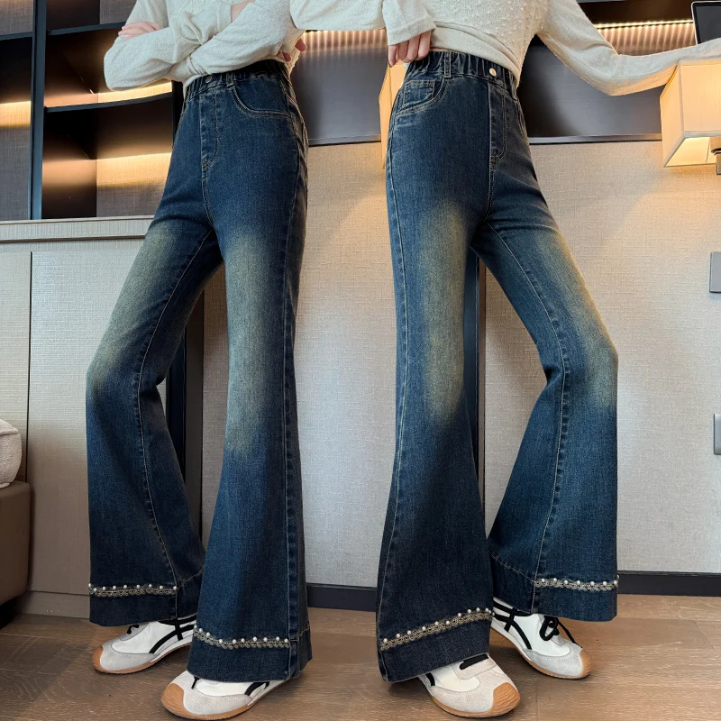 

Kids Teenager Spring Autumn Flare Jeans with Pearls for Tween Girls Fashion Casual Bootcut Denim Pants Children Elegant Trousers