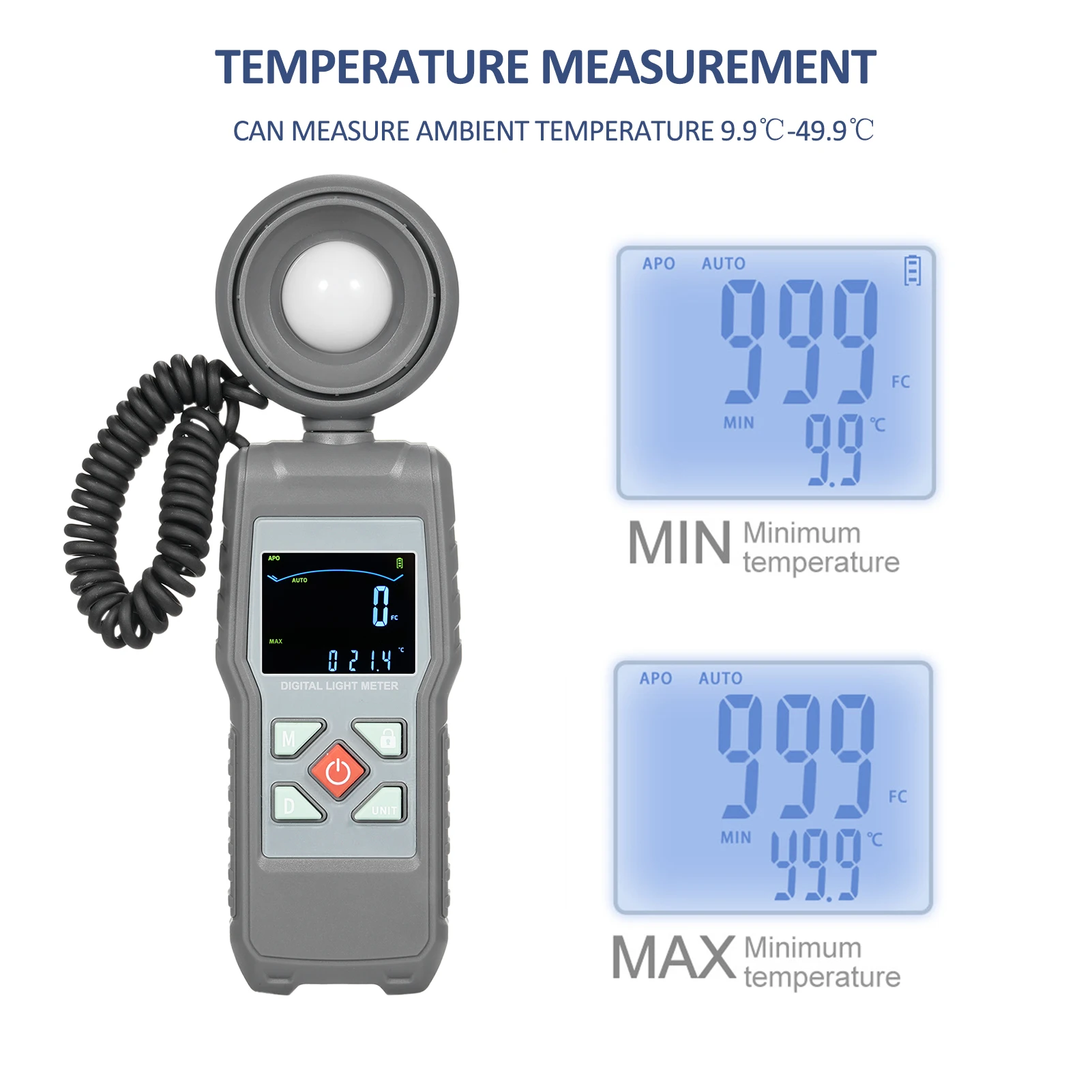 Light Meter Digital Illuminance Meter Ambient Temperature Measure Range up to 200,000 Lux Luxmeter Digit Color LCD Screen