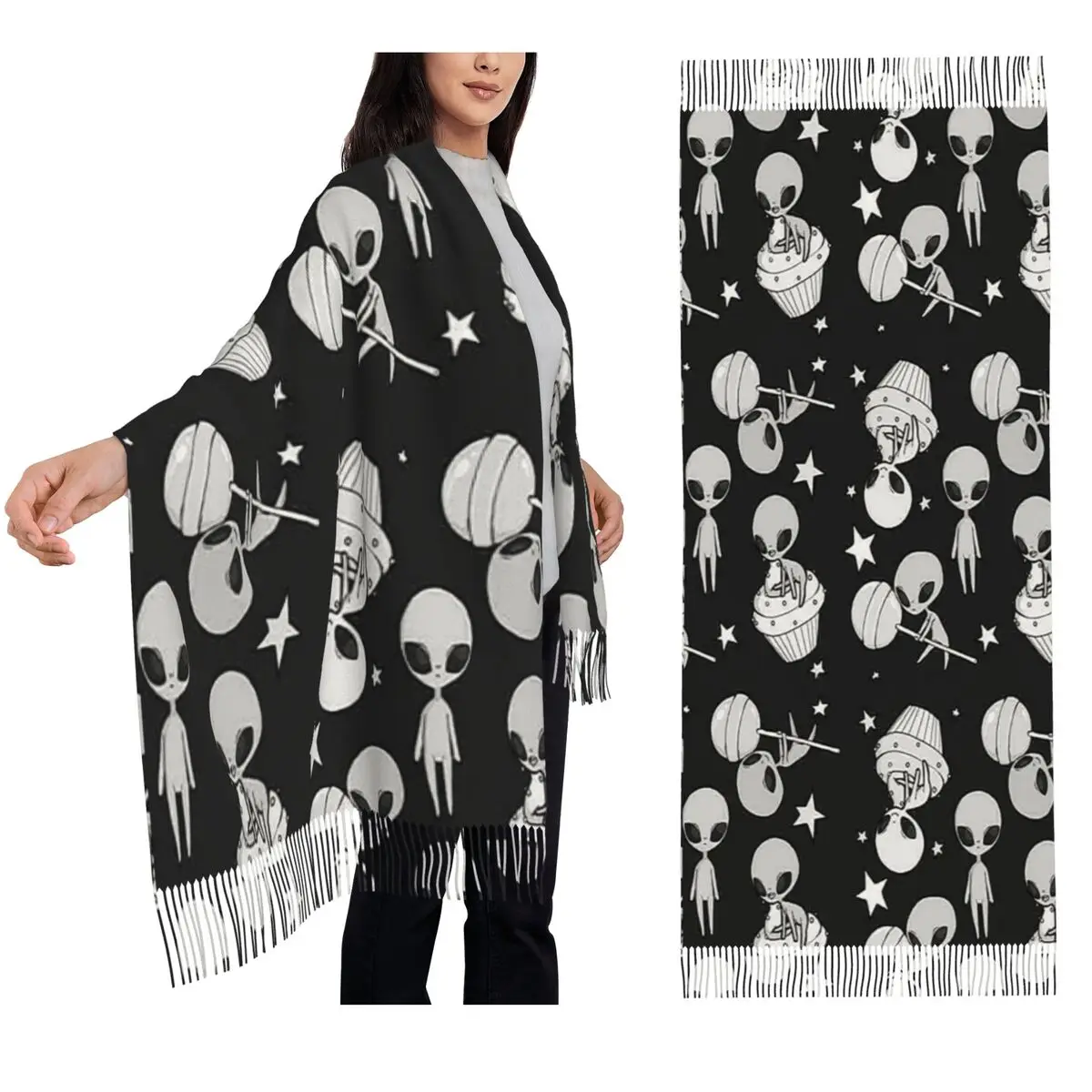 الكون الغريب الأخضر رائع الكون مع الكوكب والنجوم وشاح شرابة الأوشحة النساء شالات ويلتف شتاء كبير شال التفاف