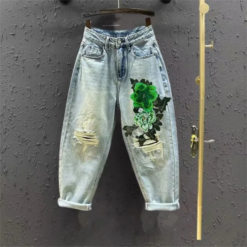 Pop Pop Pop Pattern Embroidery Green Peony Plus Size 5XL Women's Jeans Women's Harem Pants 2024 Summer New Loose Cropped Pants W
