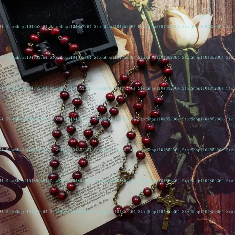Natürliche Holzperlen für Kreuz-Anhänger-Halskette, christliche Rosenkranz-Halskette, handgewebte Halskette, Jesus, katholischer religiöser Jude – Detail 5