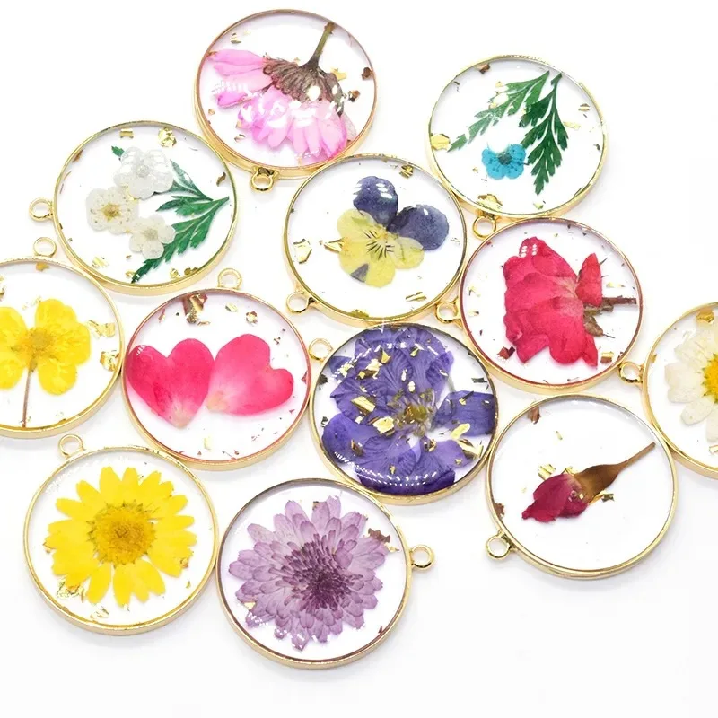 10pcs/lots Transparent Natural Dried Flower Charms Handmade Classic Round Flowers Pendant For Earring Keychain Diy Jewelry Makin