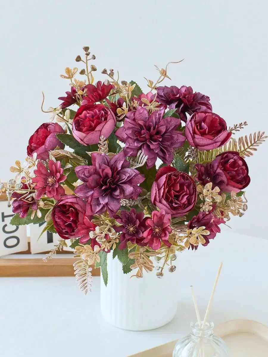 

1pc Artificial Flowers Fake Peony Silk Dahlia Daisy Bouquet Decor Plastic Realistic Flower Arrangements For Home Wedding Table