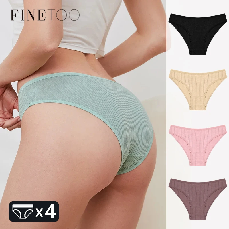 FINETOO 4Pcs Cotton Striped Underwear Women\'s Panties Sexy Breathable Solid Briefs Female Low Waist Comfortable Stretch Lingerie