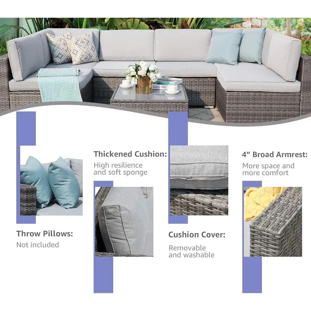 

7 Pieces Outdoor Patio Furniture Set, All Weather Grey PE Wicker Rattan Sectional Conversation Set, Light Grey Cushions