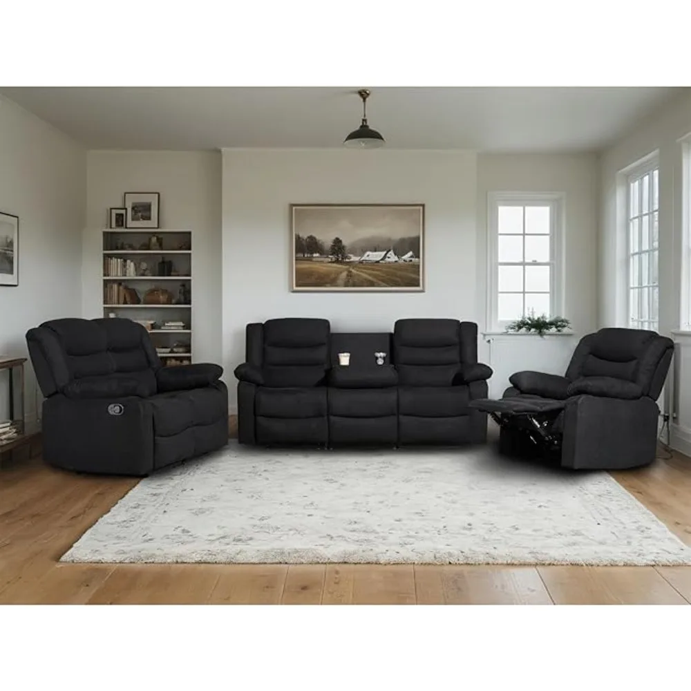 Recliner Sofa Set,Microfiber Manual Reclining Couch Set, 3 Piece Recliner Set with Loveseat, Dropdown Table& Cup Holders