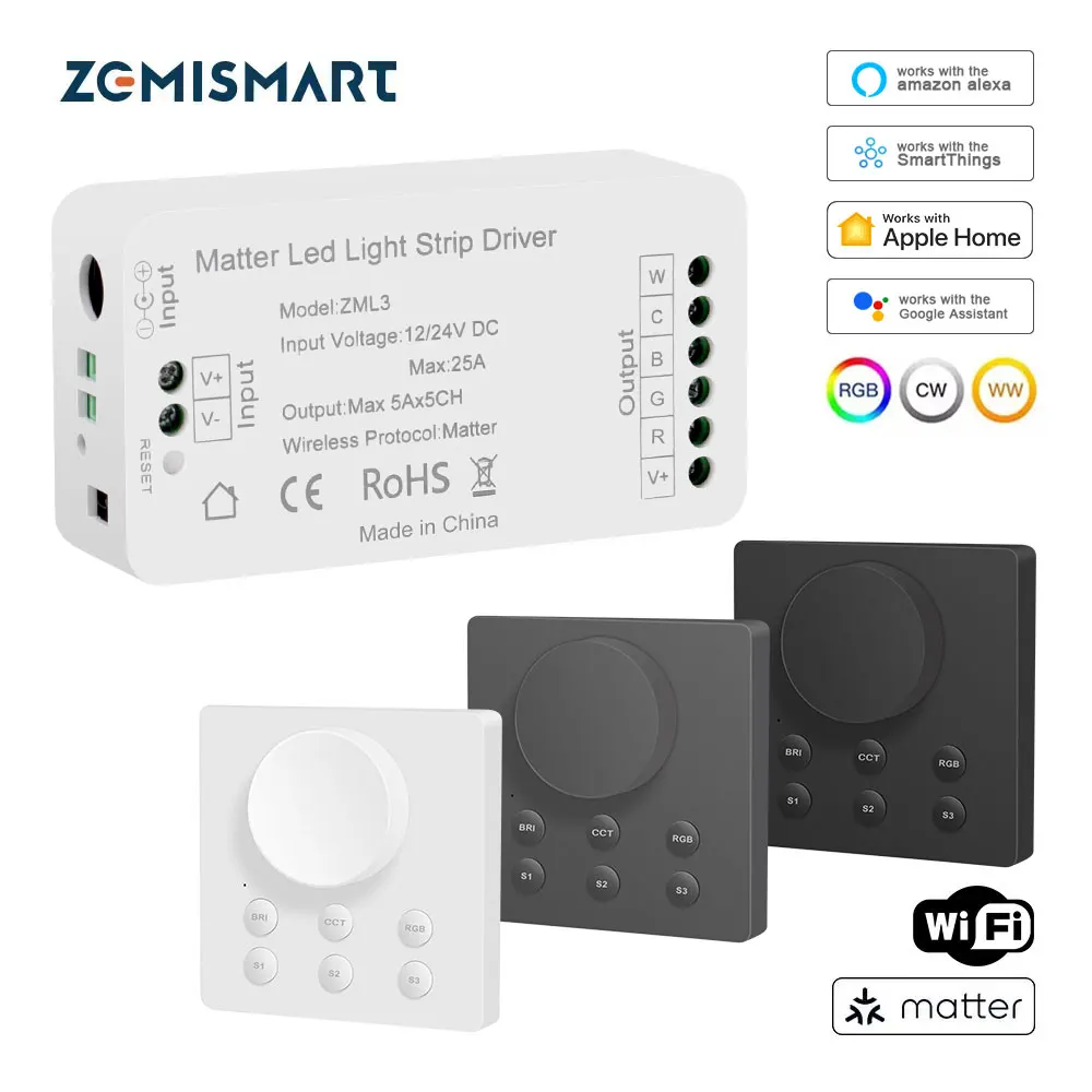 

Matter Over WiFi RGBCW LED Light Strip Driver with Wireless Knob Switch Work with Tuya Smartthings Alexa Homekit Google Home App