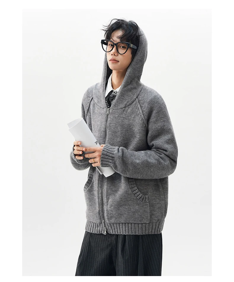 American Retro Gray Sweater Jacket Stylish Men's Autumn Winter New High-end Youth Trendy Hooded Knitwear