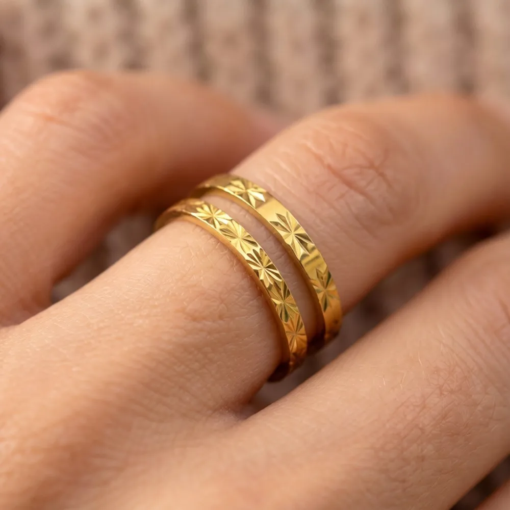 Mariasz Minimalist Stainless Steel Rings For Women Golden Stackable Starburst Textured Pattern Delicate Finger Joint Jewelry
