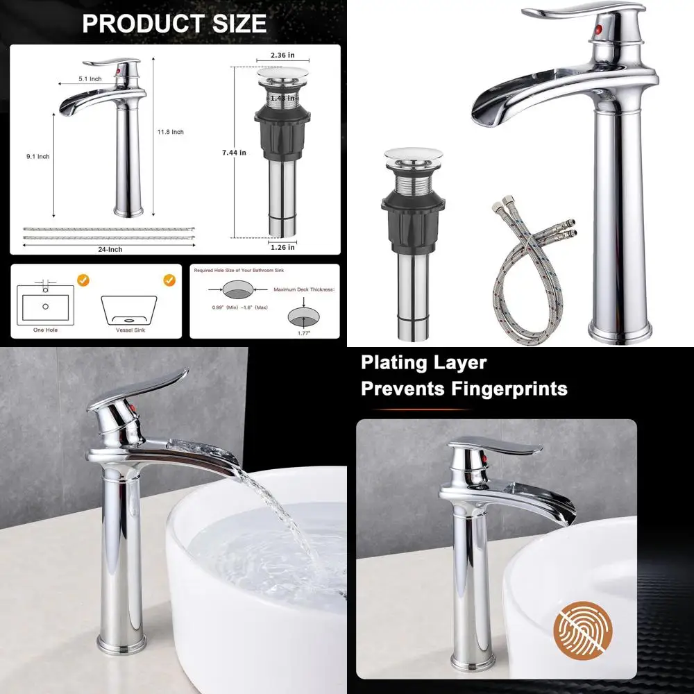 

Single Handle Vessel Sink Faucet with Pop-Up Drain, Tall Waterfall Design, 1-Hole Commercial Vanity Mixer Tap