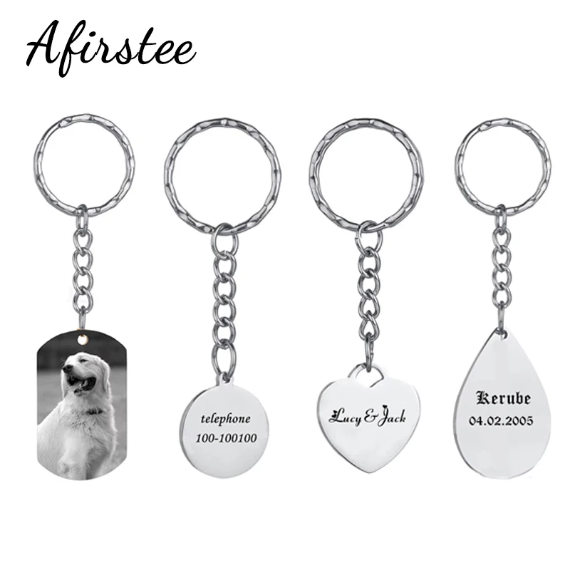 Afirstee Multiple Customizable Accessories Stainless Steel Engraved Words Picture Dog Tag Heart Shape Silver Color Keychain Gift
