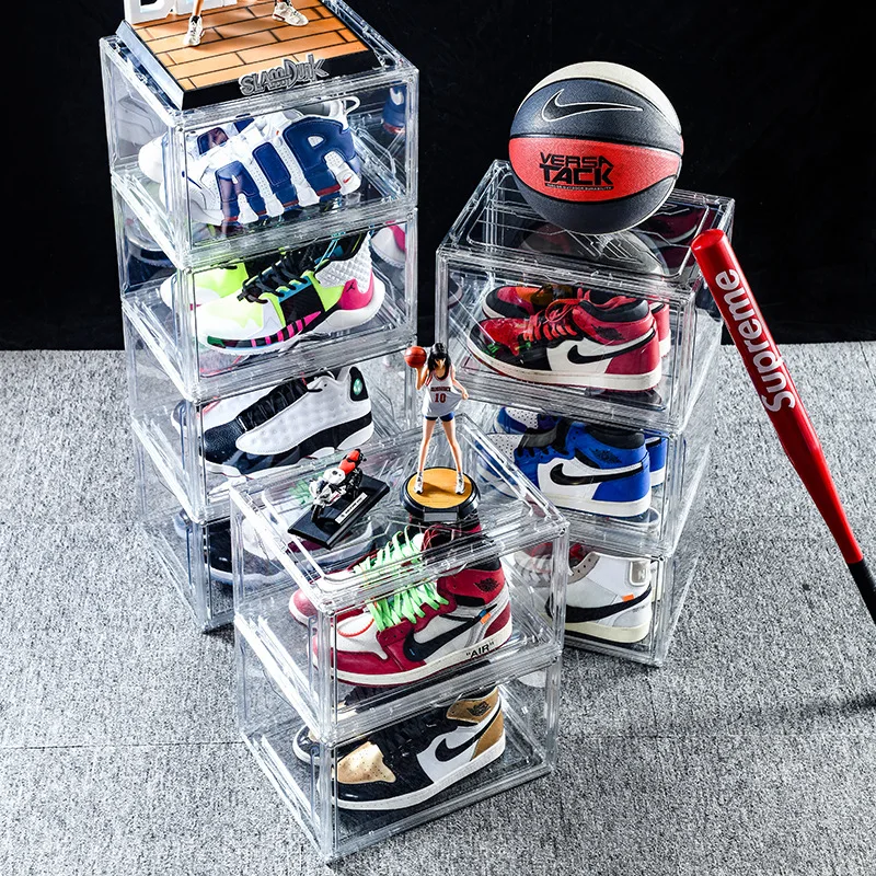 2 Pack Side-opening Magnetic Home High-top Basketball Shoe Box Plastic Acrylic Transparent Storage Box Display Cabinet