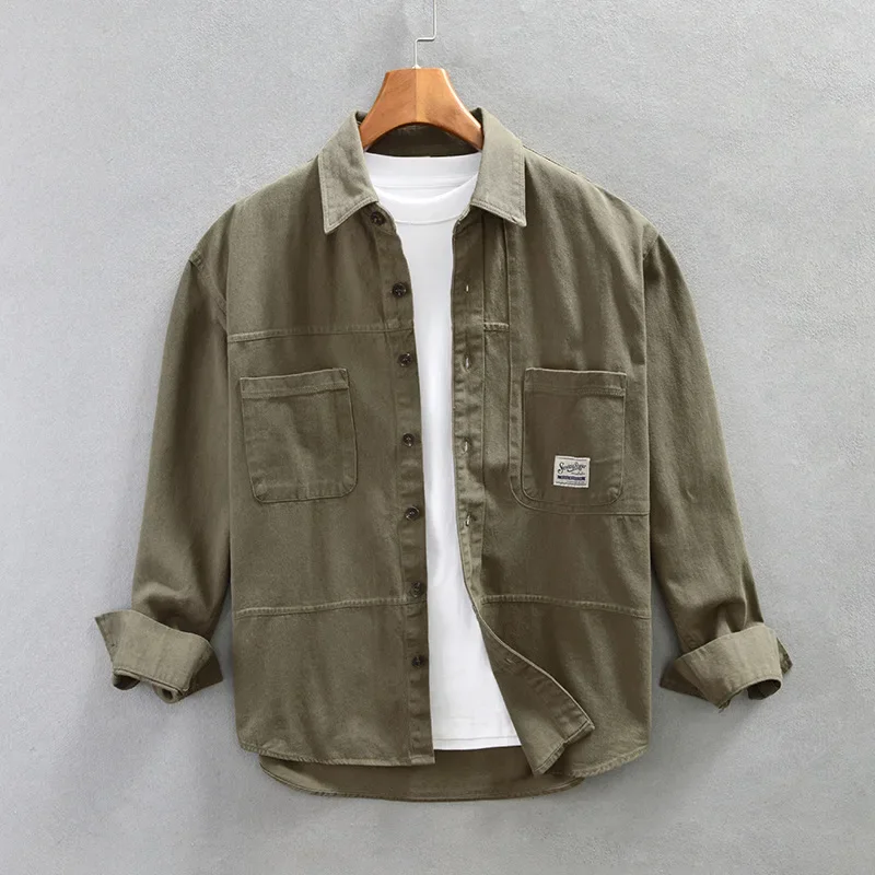 Japanese Retro Cargo Shirt Man Spring and Autumn Casual Long Sleeve Green Shirt Men Pure Cotton Double Pocket Tops Loose Shirts