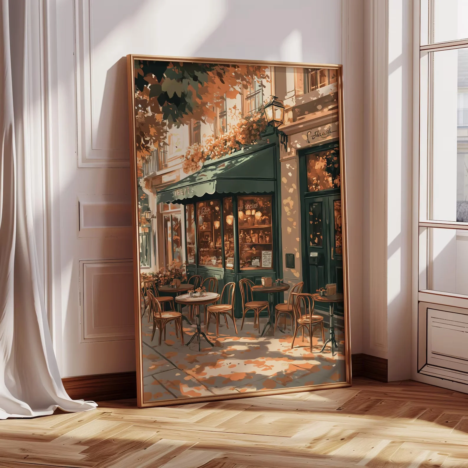 Vintage Paris Café Canvas Wall Art | Autumn Street Bistro Scene with Tables and Chairs | French Coffee Shop Print for Kitchen De