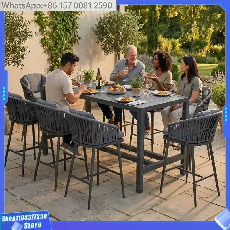 8 Seater Modern Steel Rope Woven Waterproof Outdoor Dining Set with Bar Stools and Garden Table for Entry Hotel & Patio Use