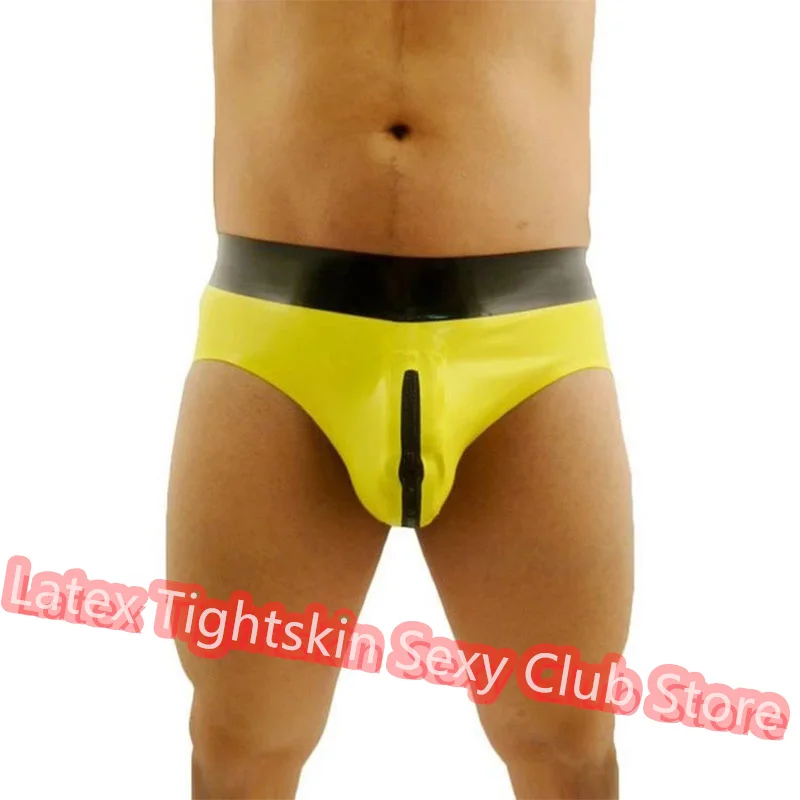 

Men Latex Briefs Yellow with Black Fronzt Zip Sexy Fetish Shorts Handmade Underwear Club Wear for Men Cosplay Costumes