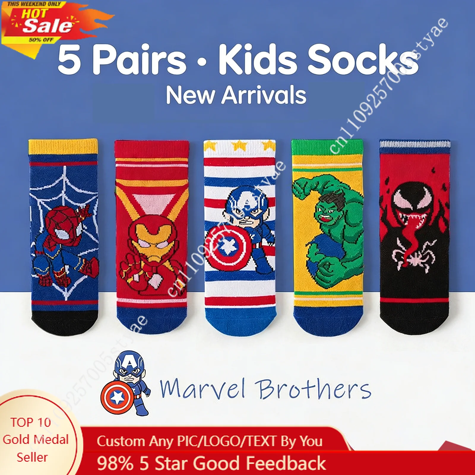 

5PC Marvel Superhero Venom & Spider Ventilate Boys Socks Kids' Mid-Calf Soft Socks Korean Cartoon Suitable for Daily Travel