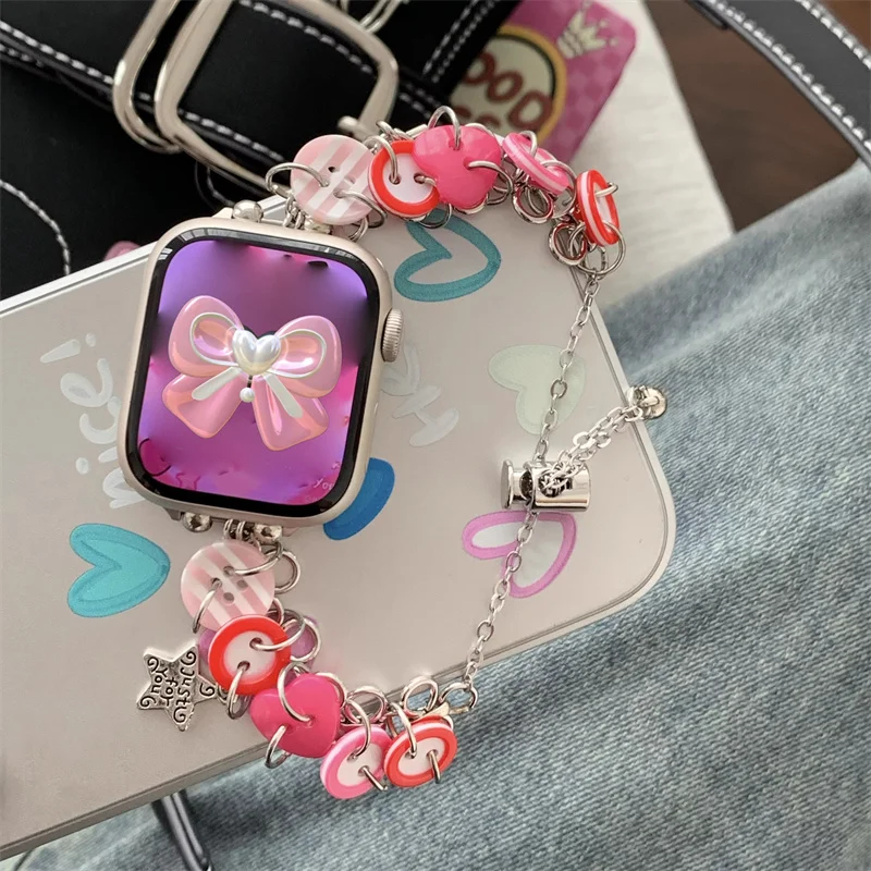 Cute Candy Color Button Chain For Apple Watch 8 7 6 SE 5 4 3 Band 38 40mm 41mm 42mm 44mm 49 Strap For Apple Watch Series 45mm