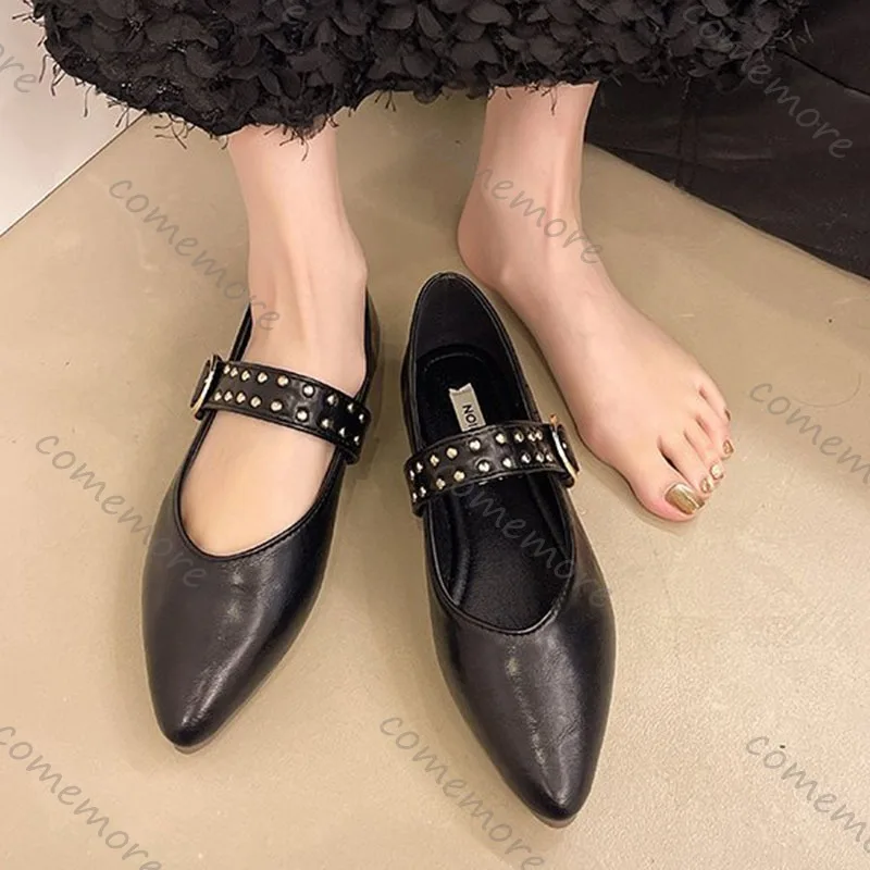 

Comemore, модная женская обувь с острым носком, весенне-осенняя элегантная обувь для вечеринок, однотонные женские туфли на плоской подошве с пряжкой на ремне
