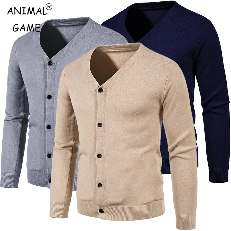 

Новый мужской кардиган без воротника с v-образным вырезом, вязаная куртка-рубашка, легкая куртка, повседневные свитера на пуговицах с длинными рукавами