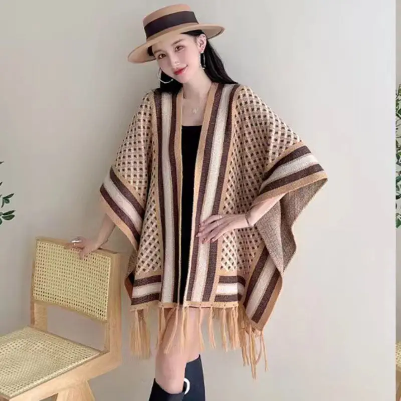 Poncho de caxemira feminino, europeu e americano, estilo étnico, capa borla, xale de viagem, lenços de outono e inverno