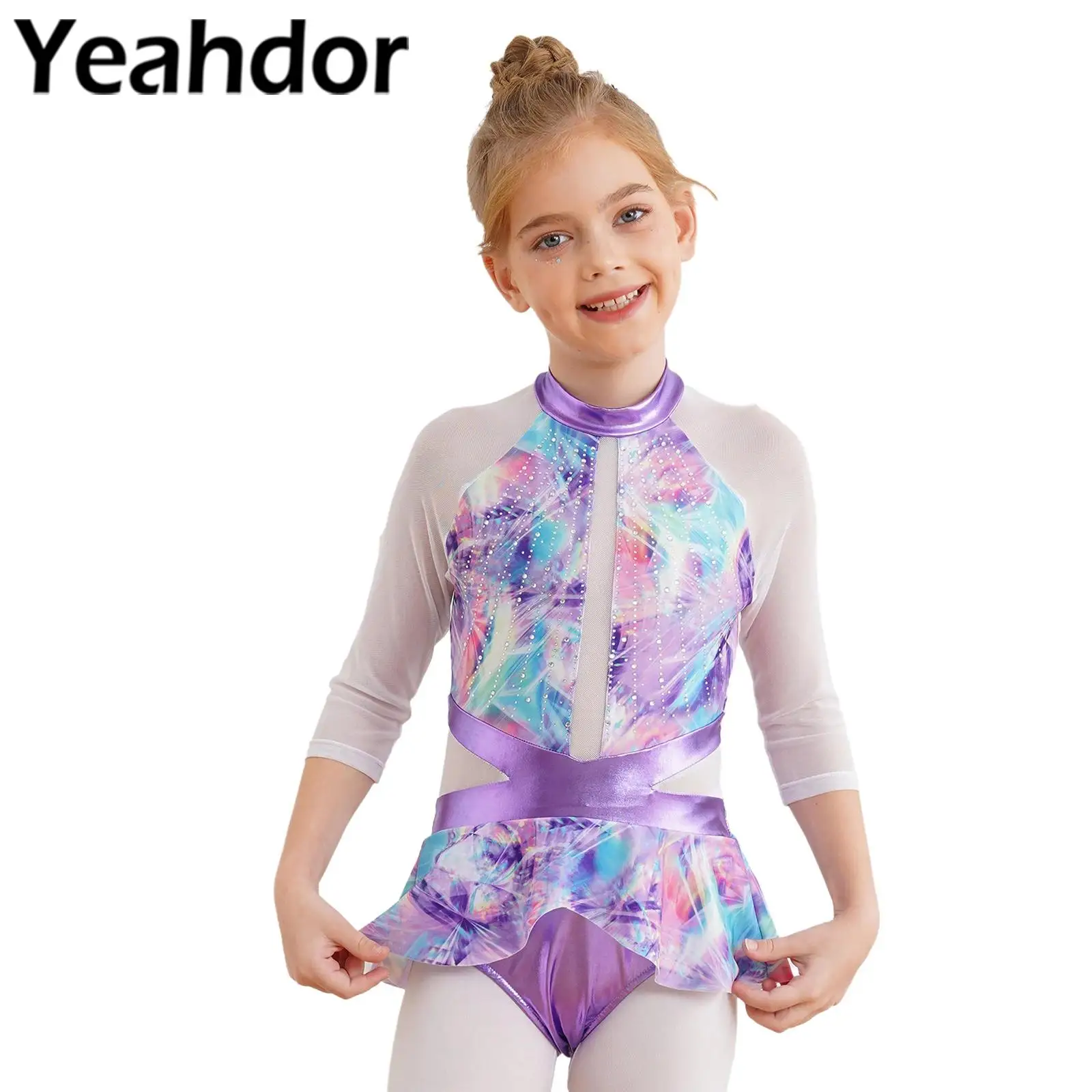 Kids Girls Ballet Dance Leotard 3/4 Sleeve Keyhole Back Ruffle Skirted Hem Dance Bodysuit Sequins Printed Gymnastics Jumpsuit