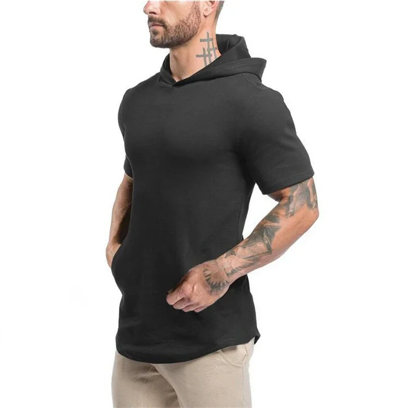 New Gym Fitness Bodybuilding Sport Hoodie Mens Slim Fit Solid Color Hooded T-Shirt Cotton Breathable Short Sleeve Muscle Shirt