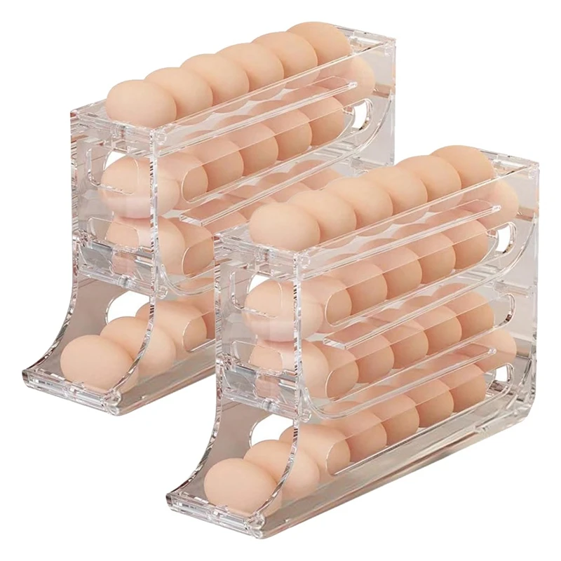 2Pcs 4 Tiers Egg Holder For Fridge, Automatic Scrolling Dispenser Egg Rack Holder, Storage 30 Egg For Fridge, Kitchen