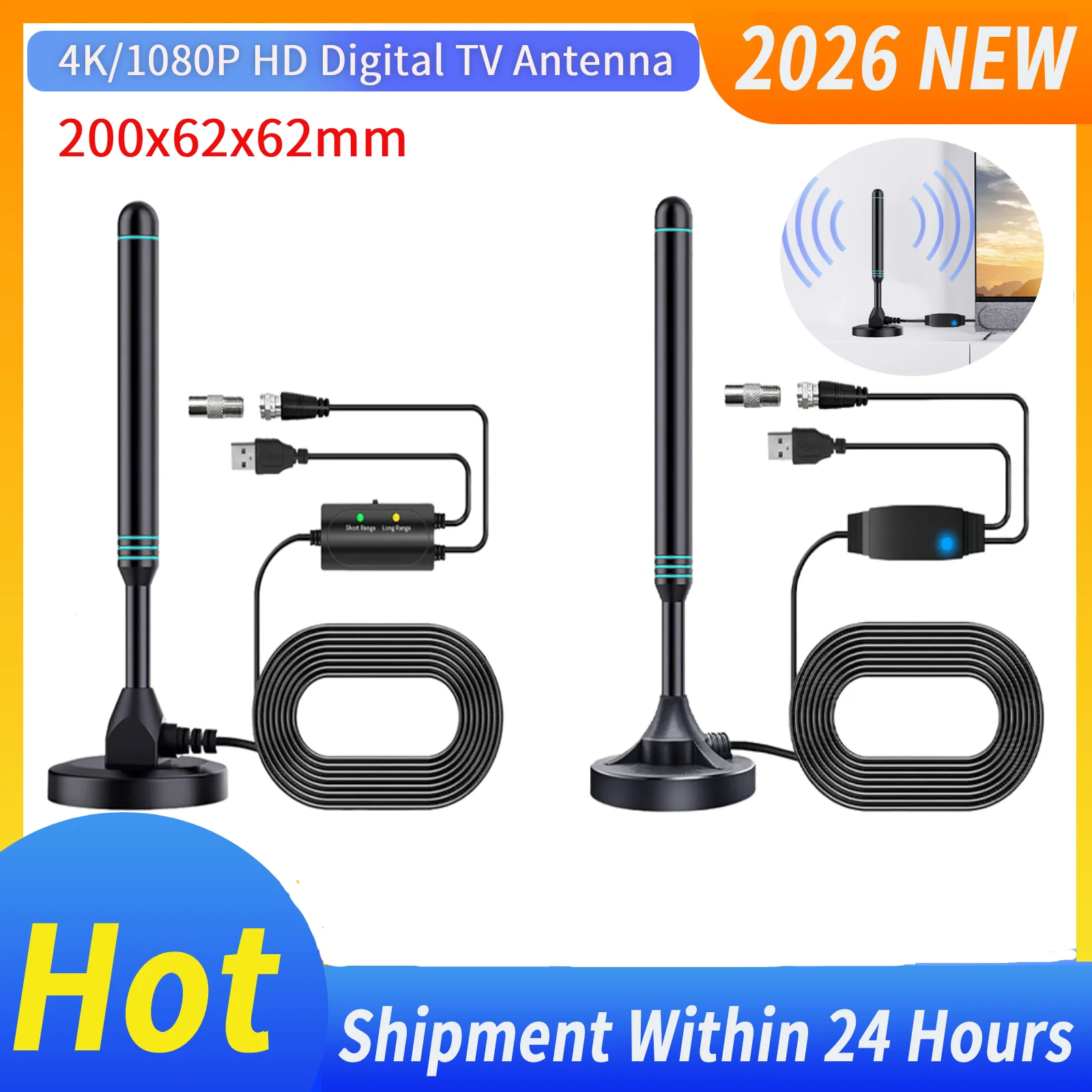 

4K/1080P Portable HD TV Antenna with Signal Amplifier 480+ Miles Indoor Outdoor Antenna Magnetic Base VHF UHF Digital HD Aerial