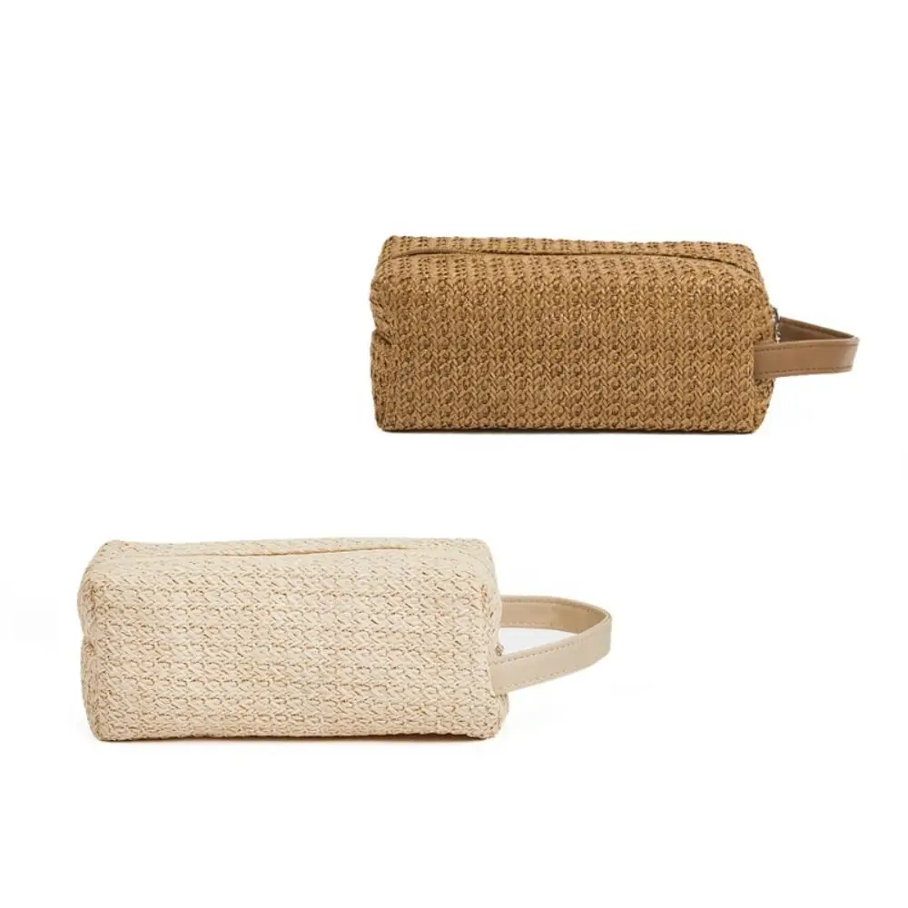 حقيبة أقلام رصاص حقائب مكياج عصرية بلون سادة ذات سعة كبيرة حقيبة أدوات الزينة مربعة محمولة منسوجة للنساء #3