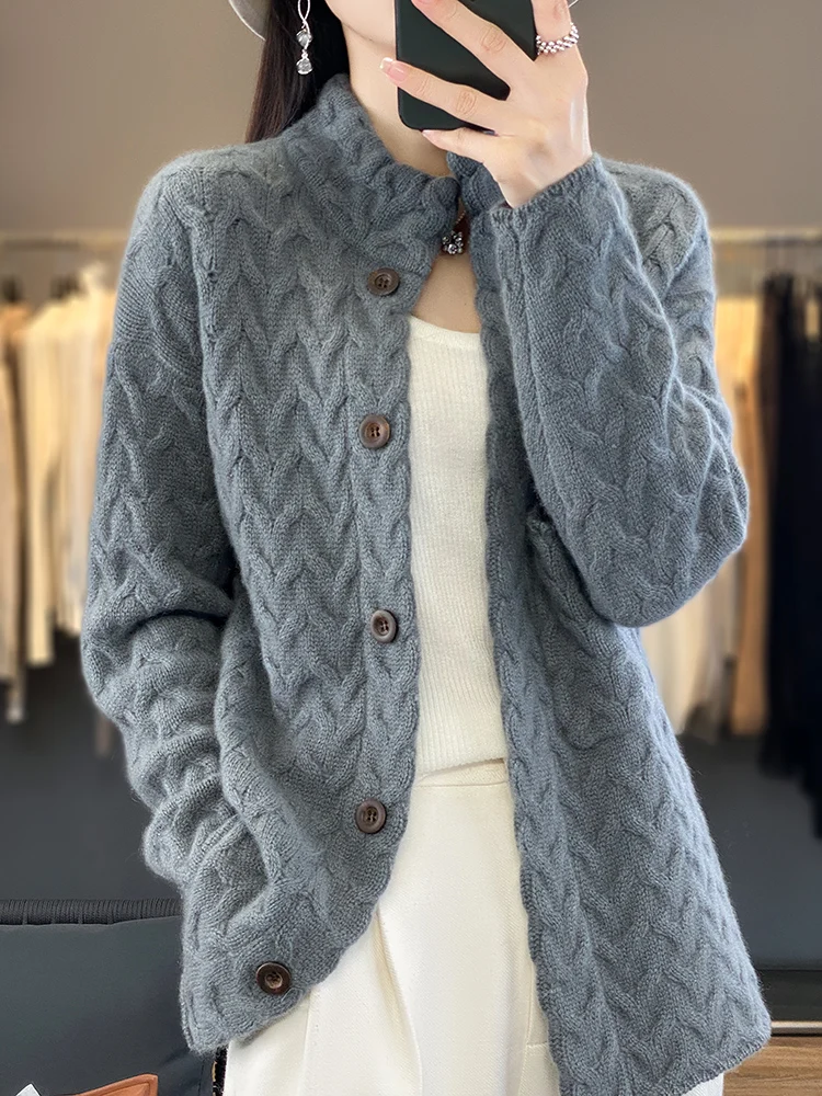 New 100% Merino Wool Women Cardigan Autumn Winter Solid Color Sweater Twist Flower Soft Cashmere Turn down collar Knitted Top