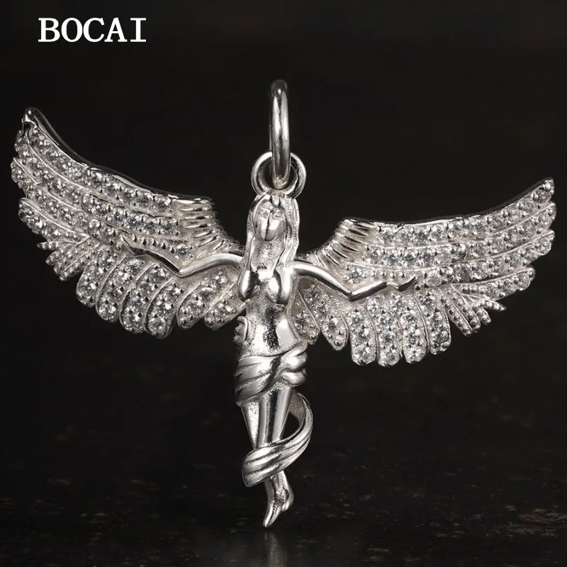 BOCAI S925 Silver Retro Cute Full of Diamonds Flying Wing Angel Pendant As A Gift for Girlfriends and Couples Free Shipping