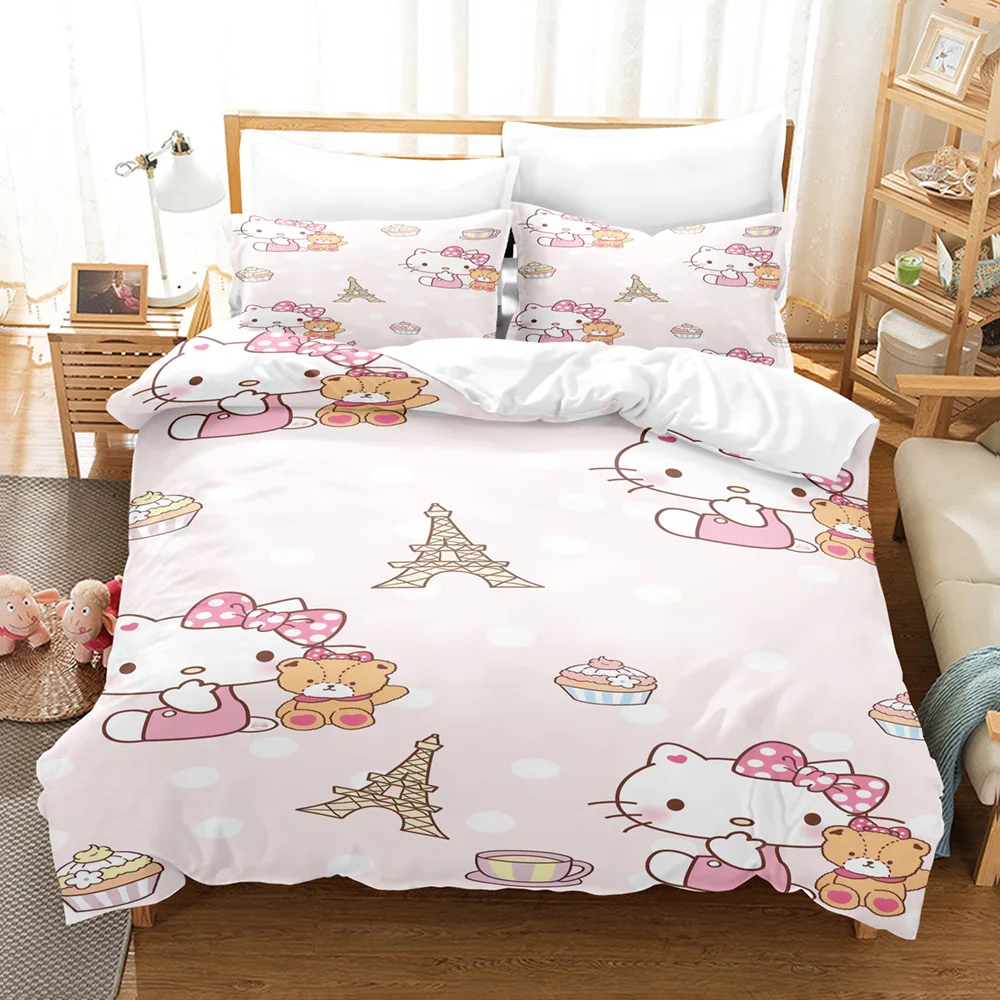 Cartoon Cute Hello Kitty Love Bedding Set Pillowcase Anime Bedclothes 3D Printed Quilt Cover Duvet Cover Baby Kids Child