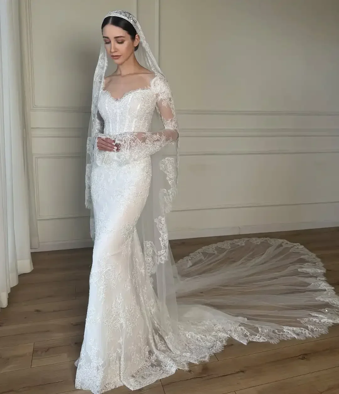 

Elegant Mermaid Wedding Dress Off The Shoulder Sweetheart Long Sleeve Lace Decal Bridal Dress Vestidos De Novia Customized