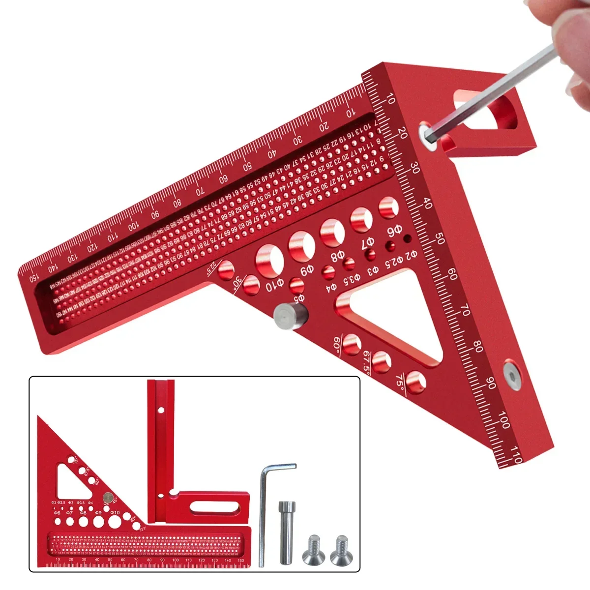 Woodworking Square Protractor Extended 3D Multi-Angle Measuring Ruler W/Dowel Pin,Aluminum Miter Triangler Layout Measuring Tool